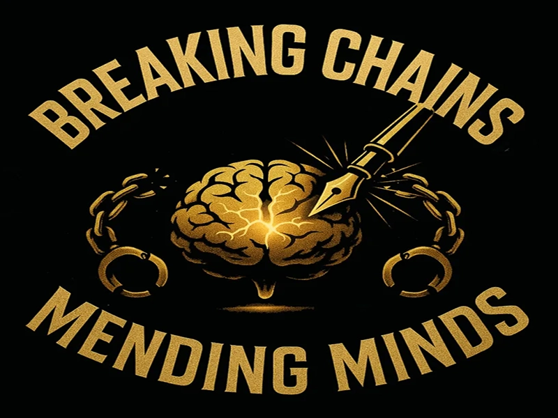 Graphic design featuring a brain with a glowing center, surrounded by broken chains and a quill pen, with the text 'Breaking Chains Mending Minds' in bold gold lettering.